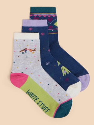 White Stuff 3 Pack Christmas Ankle Socks Teal Multi | 532061LSF