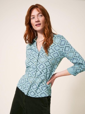 White Stuff Annie Cotton Jersey Shirt Teal Print | 098714TFK