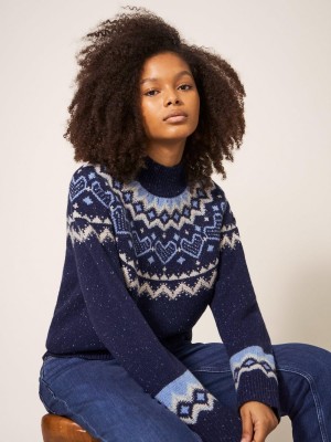 White Stuff Heart Longline Fairisle Jumper Navy Multi | 769153ZSP