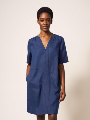 White Stuff June Linen Shift Dress Dark Navy | 397562KIN