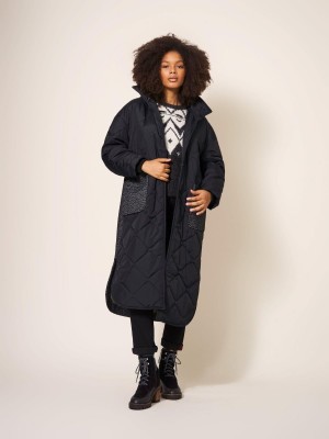 White Stuff Luna Fabric Mix Quilted Coat Black Multi | 957612NDO