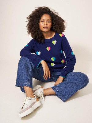 White Stuff Multi Heart Wool Jumper Navy Multi | 958270FMX