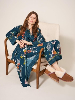 White Stuff Nina Organic Dressing Gown Teal Print | 175462REJ