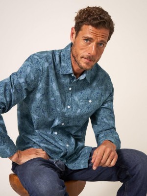 White Stuff Peacock Printed Classic Shirt Blue Print | 624035BZD