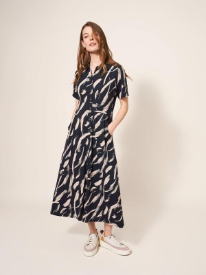 White Stuff Rua Jersey Shirt Dress Black Print | 368745XAR