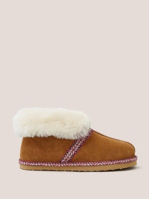 White Stuff Suede Shearling Slipper Bootie Mid Tan | 128739AMH