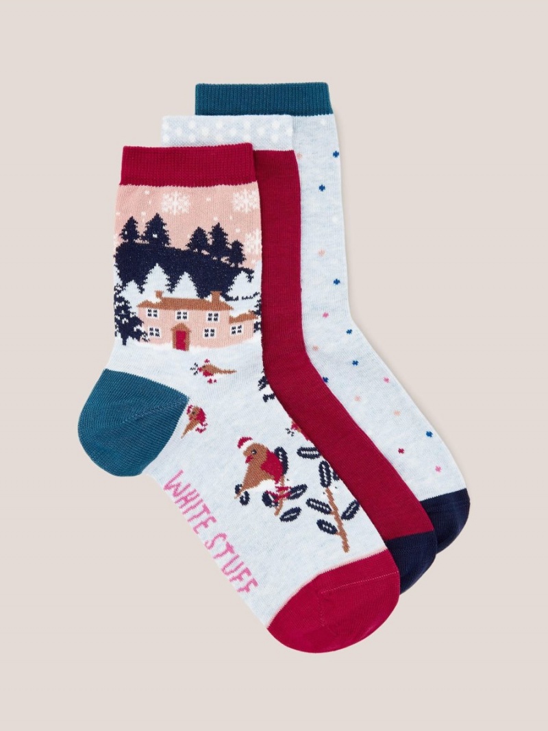 White Stuff 3 Pack Christmas At Home Socks Blue Multi | 602491WKN