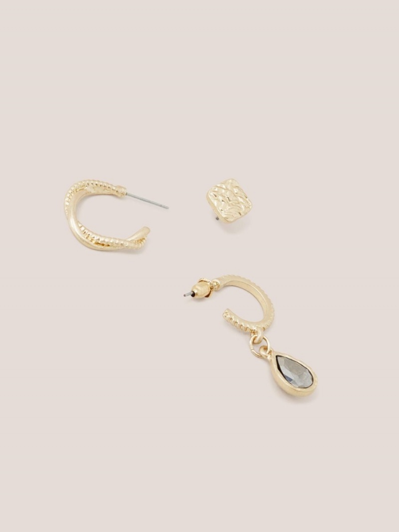 White Stuff 3 Pack Stud Hoop Earrings Gold Tone Metallic | 983571MDP