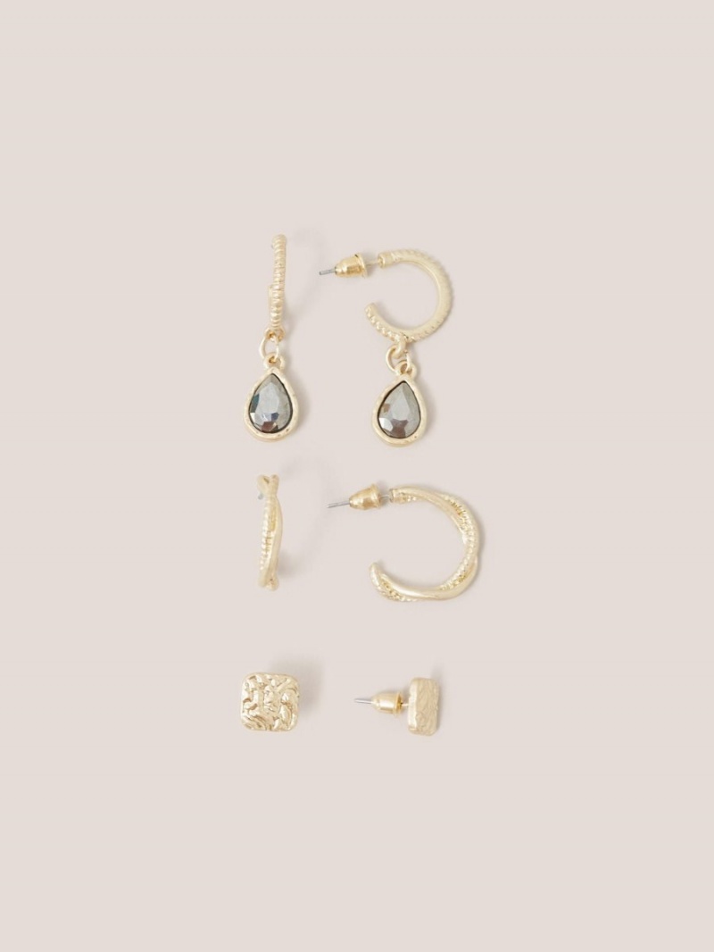 White Stuff 3 Pack Stud Hoop Earrings Gold Tone Metallic | 983571MDP