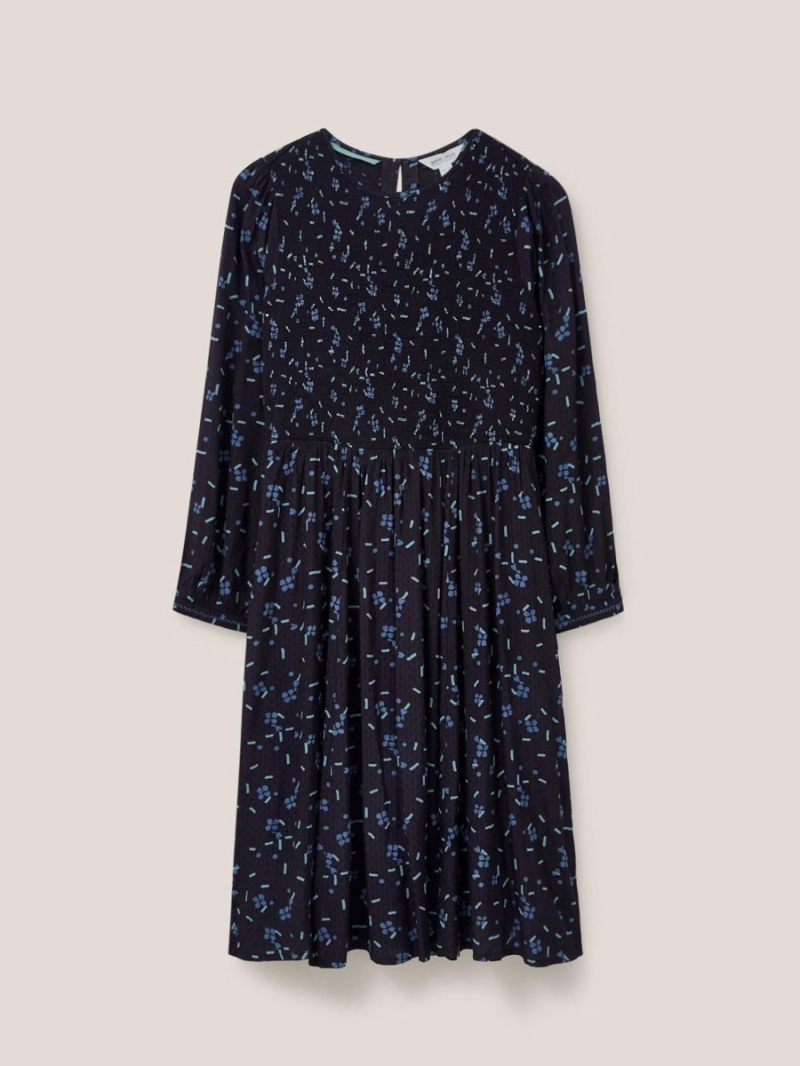 White Stuff Aneth Eco Vero Shirred Dress Black Print | 382469DBI