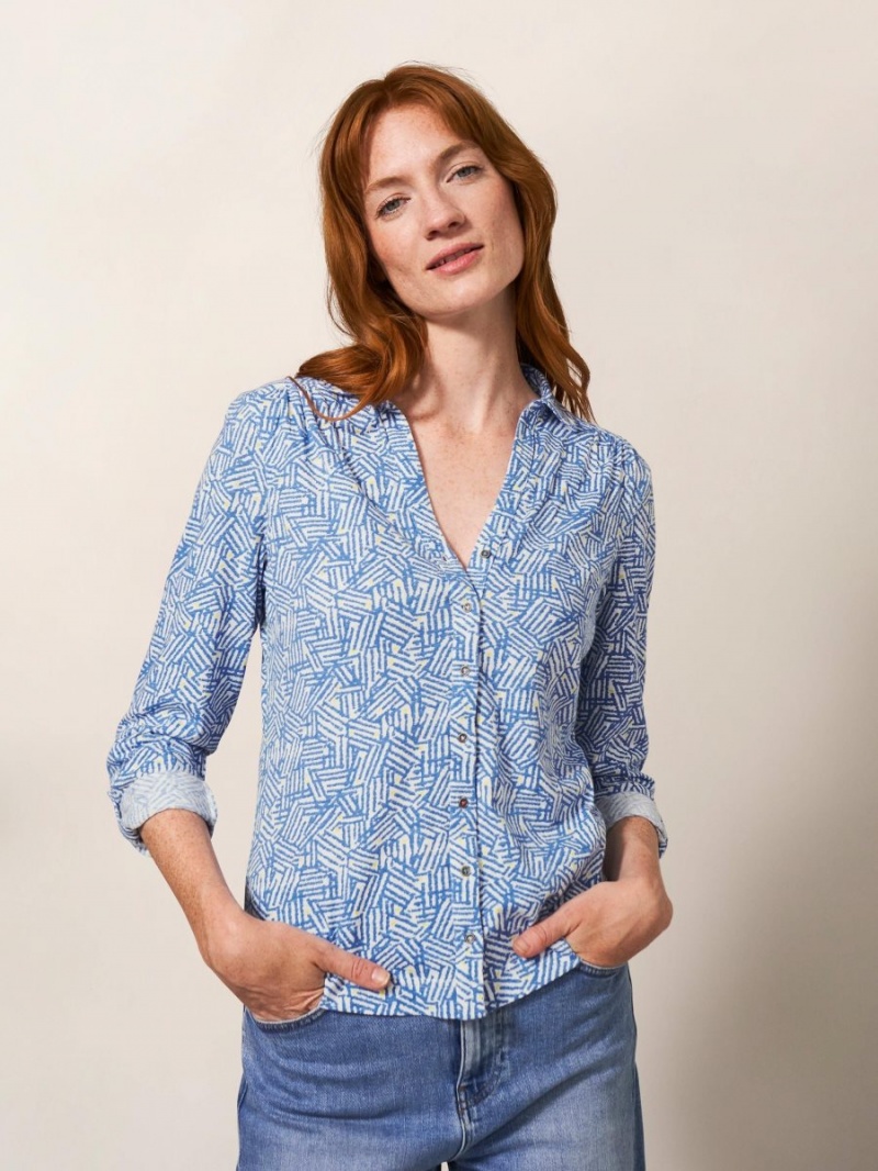 White Stuff Annie Cotton Jersey Shirt Blue Print | 593401JSY