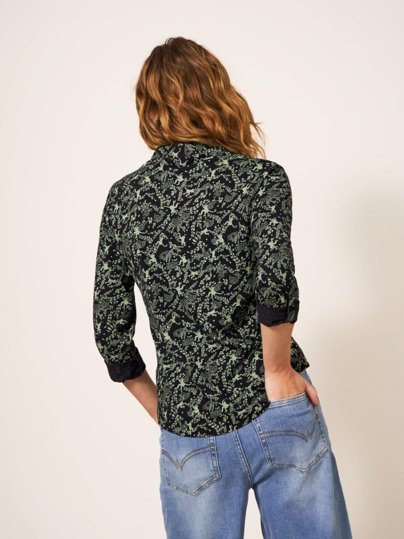 White Stuff Annie Cotton Jersey Shirt Green Print | 178059DZW