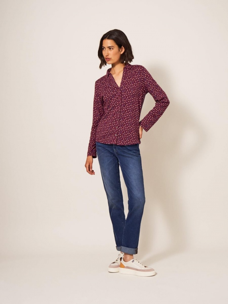 White Stuff Annie Cotton Jersey Shirt Plum Purple Print | 509634WXY