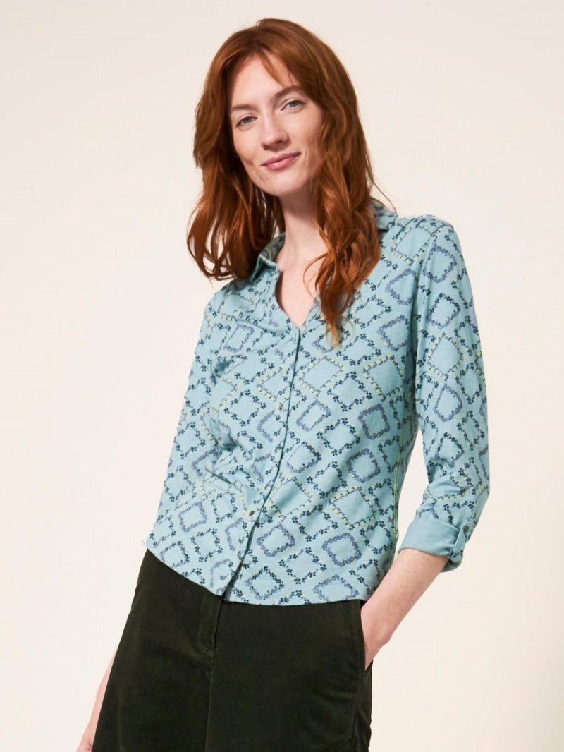 White Stuff Annie Cotton Jersey Shirt Teal Print | 098714TFK