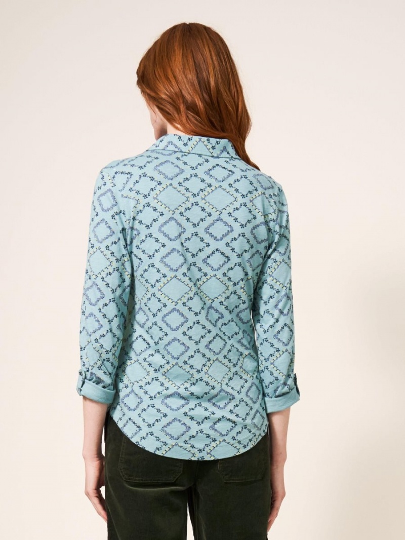 White Stuff Annie Cotton Jersey Shirt Teal Print | 098714TFK