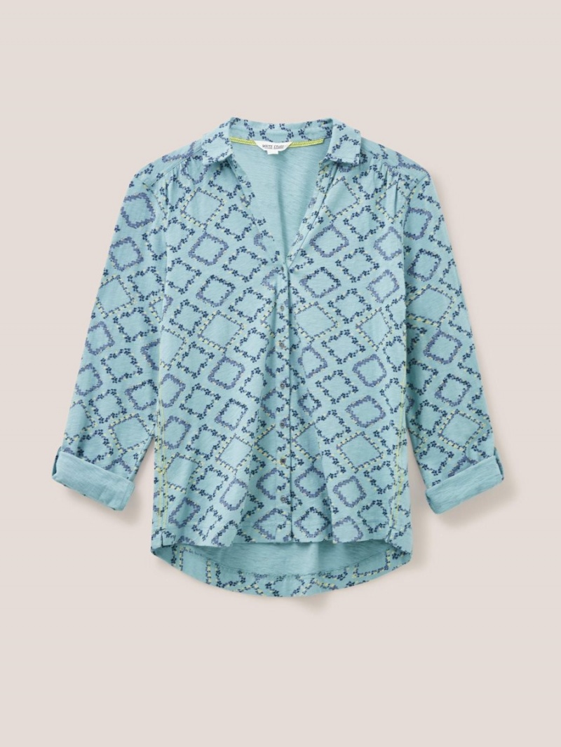 White Stuff Annie Cotton Jersey Shirt Teal Print | 098714TFK