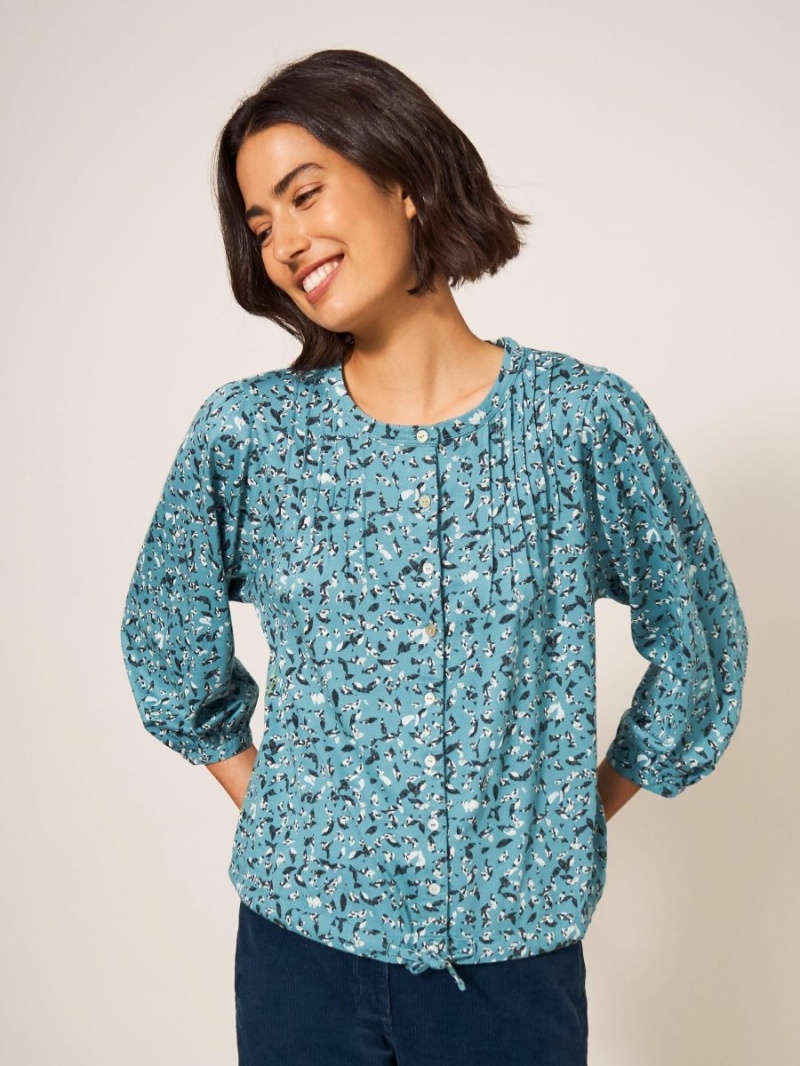 White Stuff Bennie Tie Hem Shirt Teal Print | 084137OIG