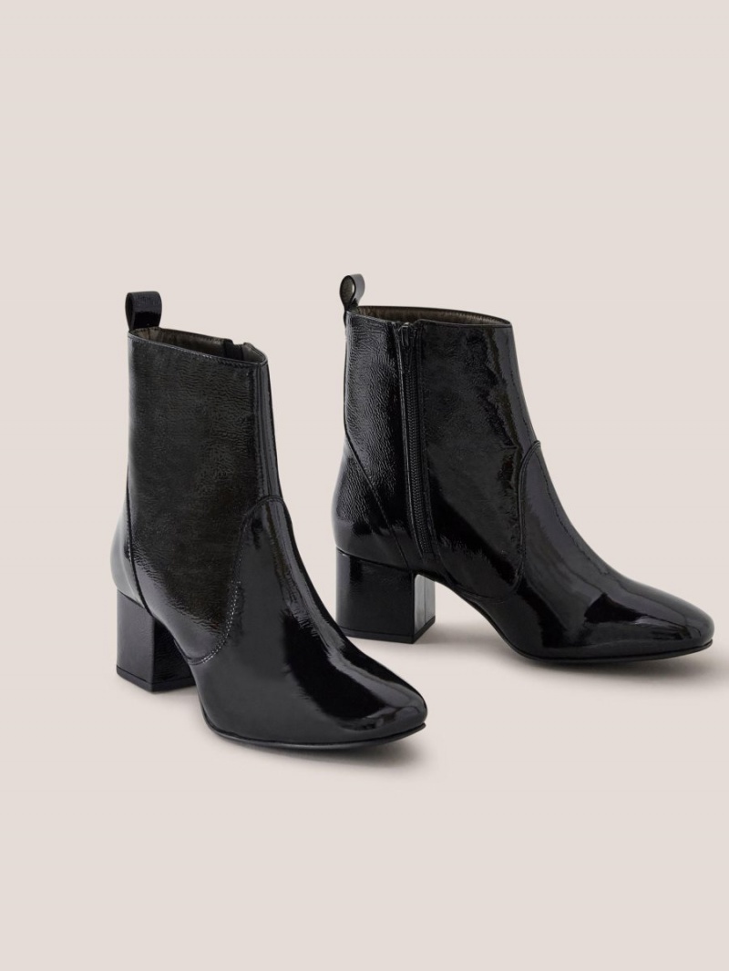 White Stuff Cilla Patent Mid Heel Boot Pure Black | 659437BNU