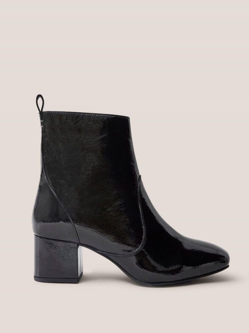 White Stuff Cilla Patent Mid Heel Boot Pure Black | 659437BNU