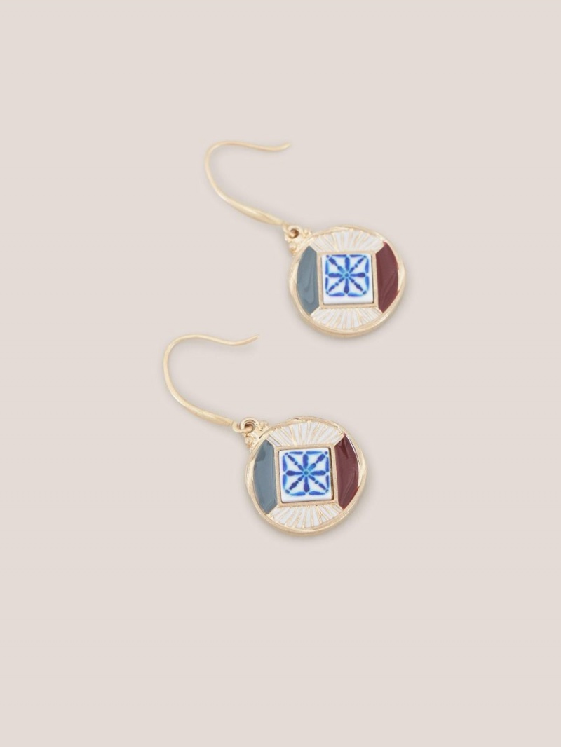 White Stuff Circular Mosaic Tile Earrings Gold Tone Metallic | 375042ORZ