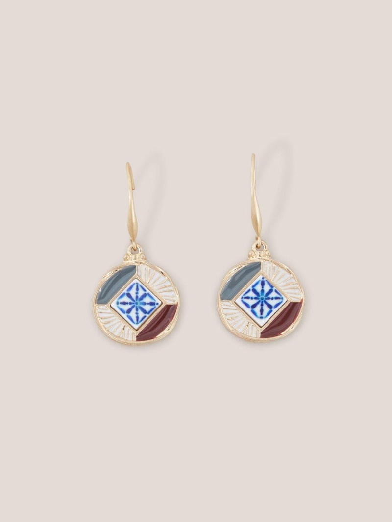 White Stuff Circular Mosaic Tile Earrings Gold Tone Metallic | 375042ORZ