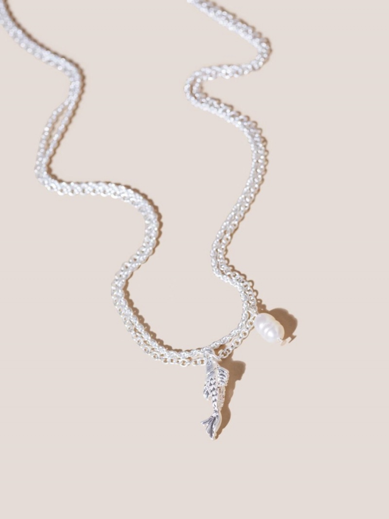 White Stuff Double Row Fish Pearl Necklace Silver Tone Metallic | 150824UWI