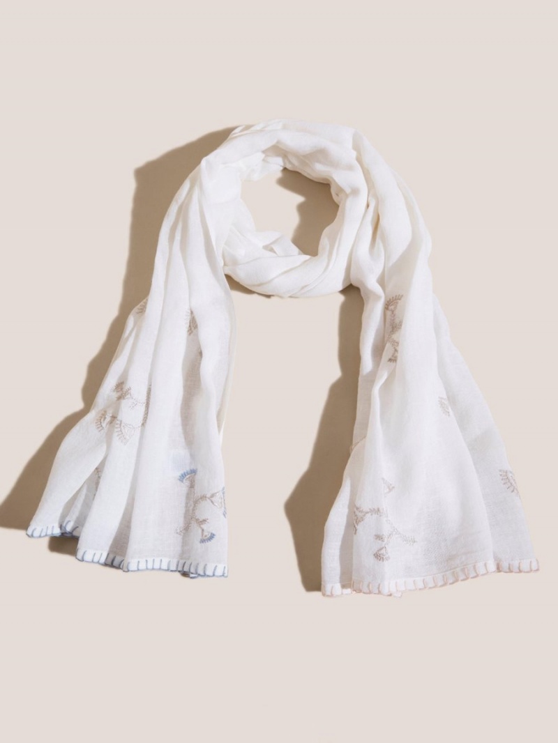 White Stuff Embroidered Cotton Scarf Natural White | 281537PHQ