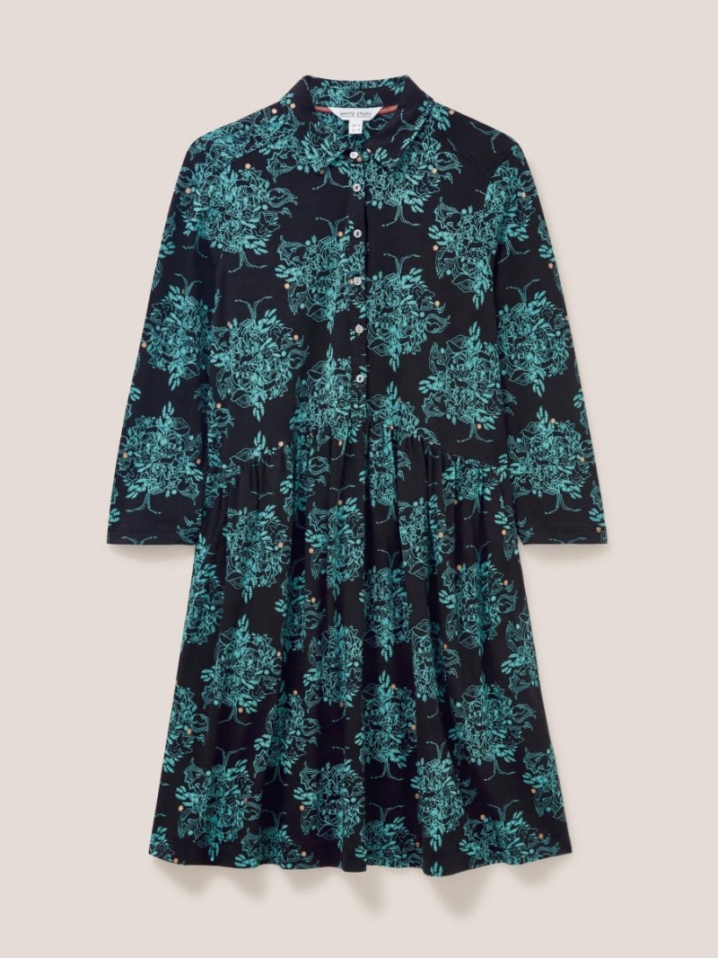 White Stuff Everly Jersey Cotton Shirt Dress Black Print | 452087NPS