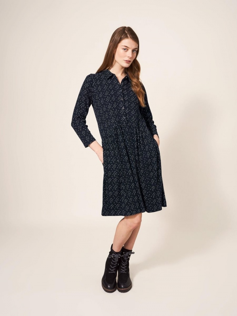 White Stuff Everly Rib Jersey Shirt Dress Black Multi | 764325ZGB