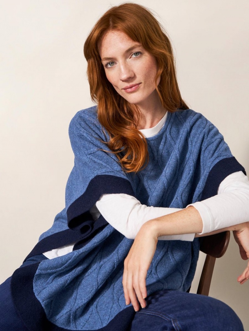 White Stuff Fern Knitted Casual Poncho Mid Blue | 256714WFM