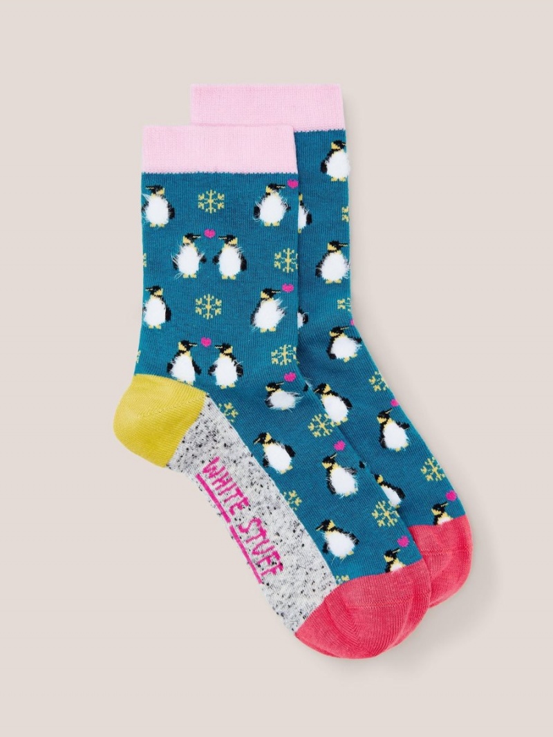 White Stuff Fluffy Penguin Socks Teal Multi | 046197NEO