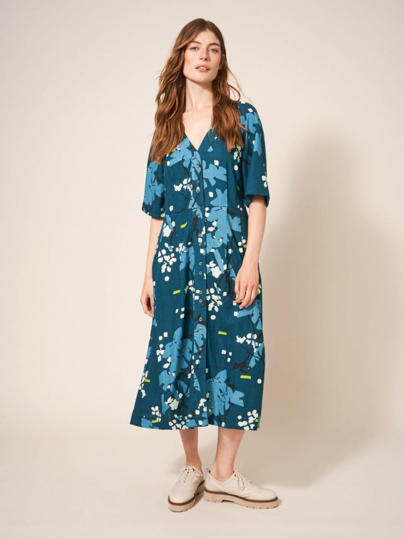 White Stuff Izzie Mid Length Dress Teal Multi | 605237QZL