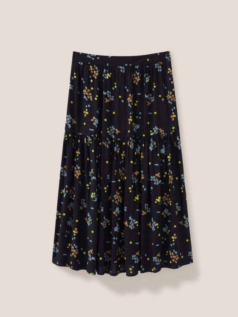 White Stuff Jamima Eco Vero Midi Skirt Black Multi | 514078KQT