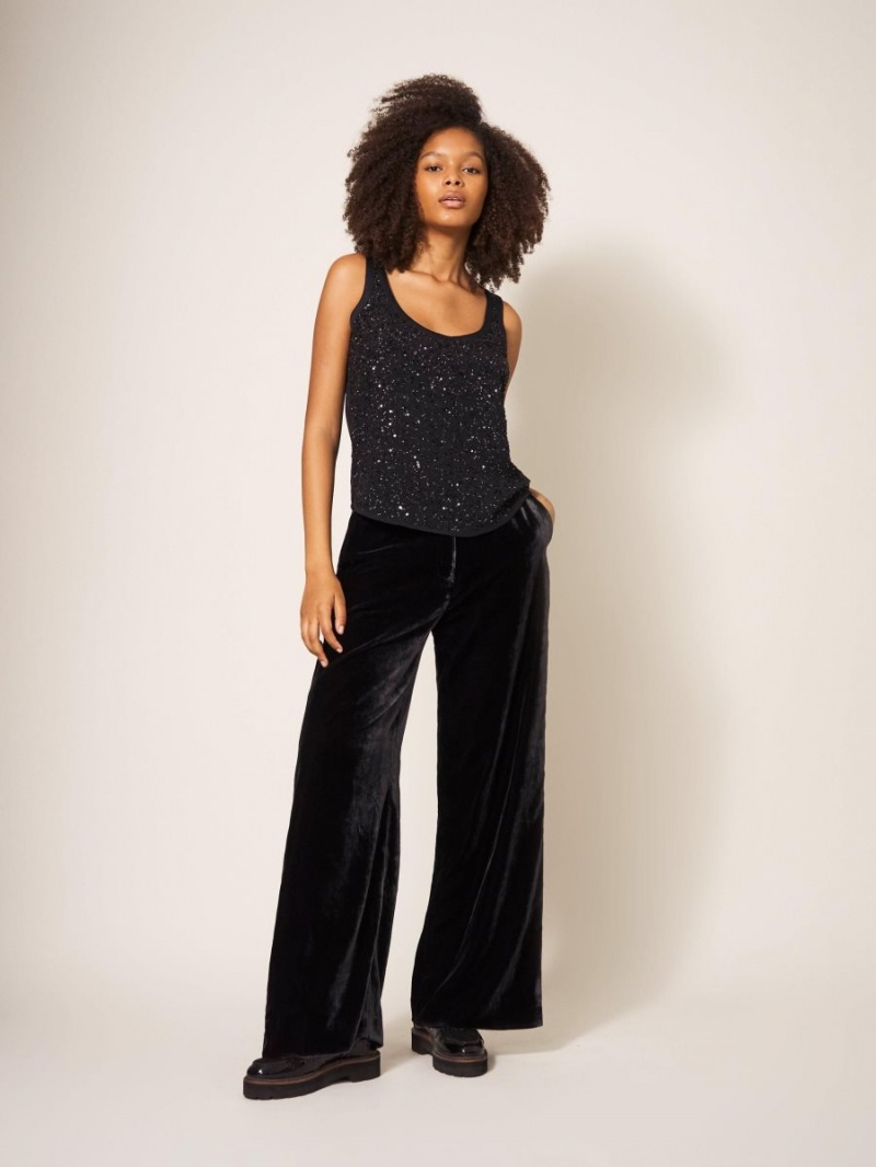 White Stuff Jenny Velvet Wide Leg Trouser Pure Black | 659873KZN