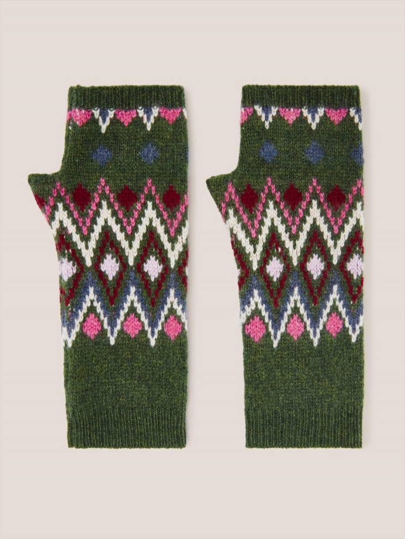 White Stuff Lambswool Fingerless Gloves Green Multi | 314257PWA