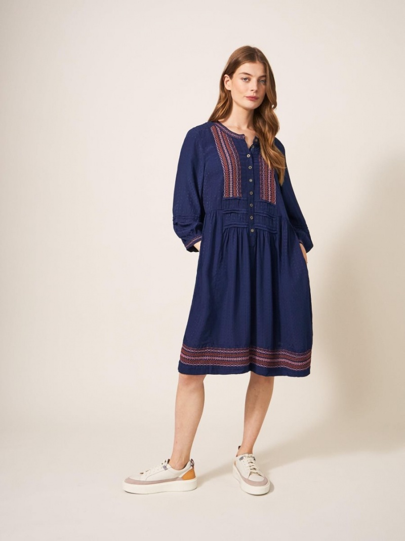 White Stuff Liv Embroidered Dress Navy Multi | 518476FVZ