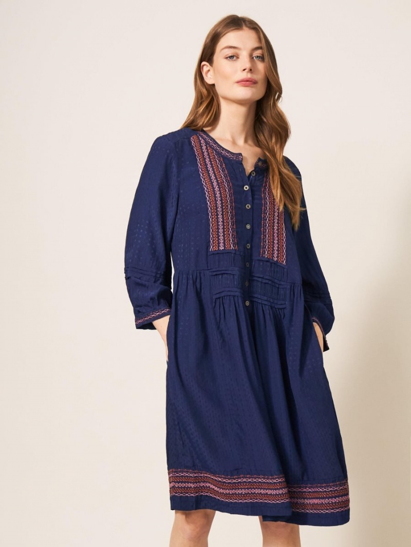 White Stuff Liv Embroidered Dress Navy Multi | 518476FVZ