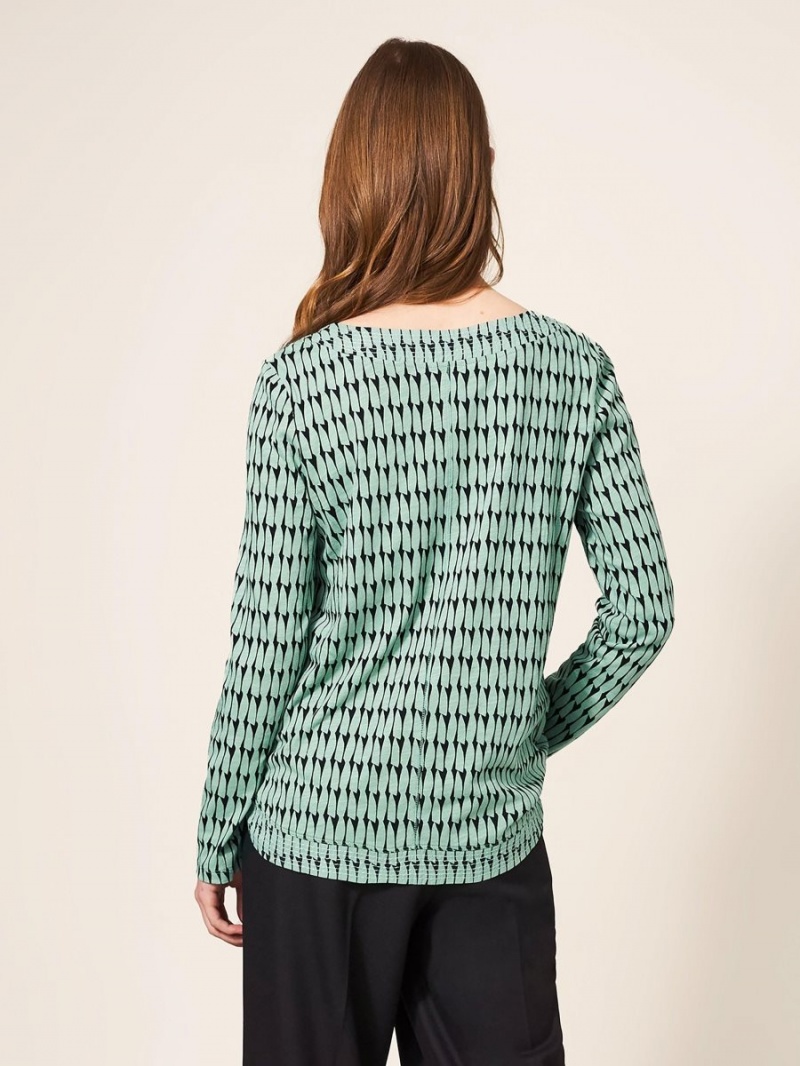 White Stuff Long Sleeve Weaver Tee Green Multi | 687304JZQ