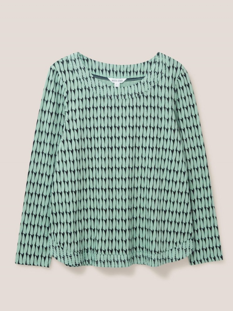 White Stuff Long Sleeve Weaver Tee Green Multi | 687304JZQ