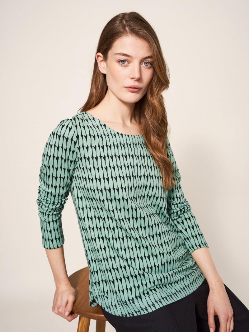 White Stuff Long Sleeve Weaver Tee Green Multi | 687304JZQ