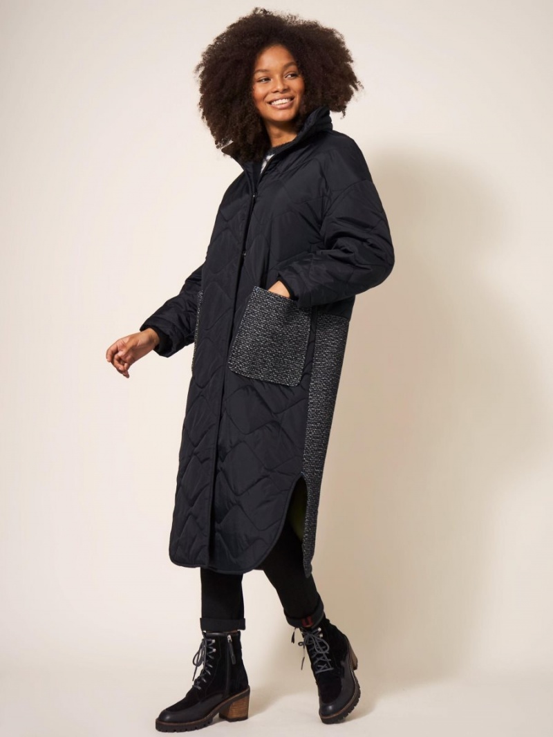 White Stuff Luna Fabric Mix Quilted Coat Black Multi | 957612NDO