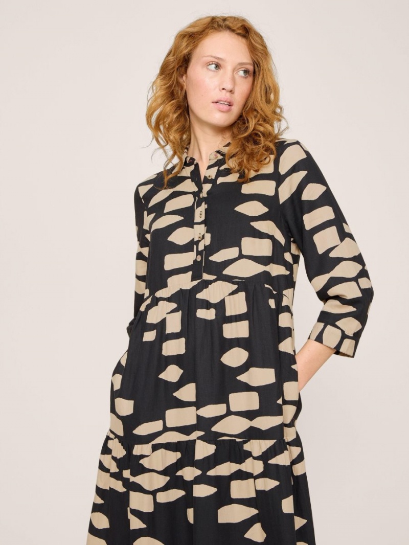 White Stuff Maya Tiered Shirt Dress Black Print | 760521VYW