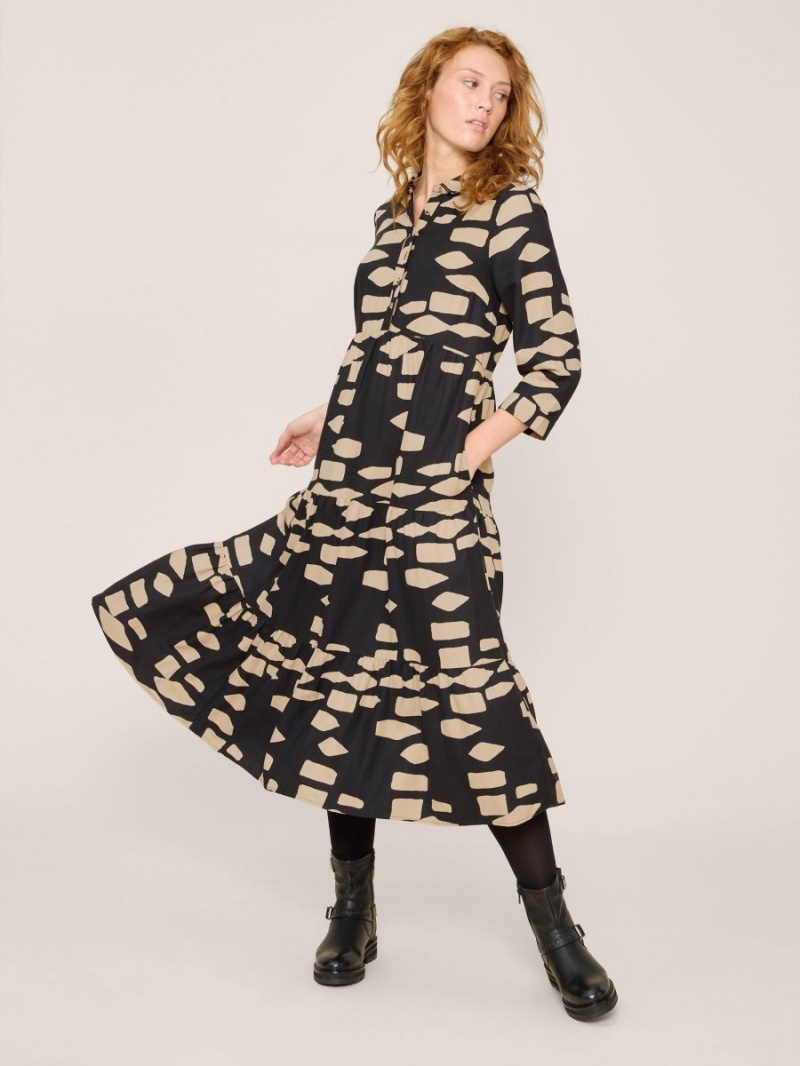 White Stuff Maya Tiered Shirt Dress Black Print | 760521VYW