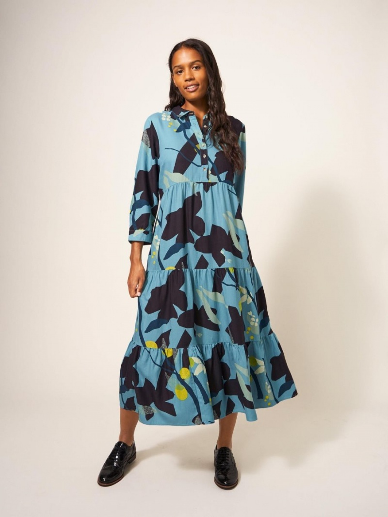 White Stuff Maya Tiered Shirt Dress Teal Multi | 418593ZJN