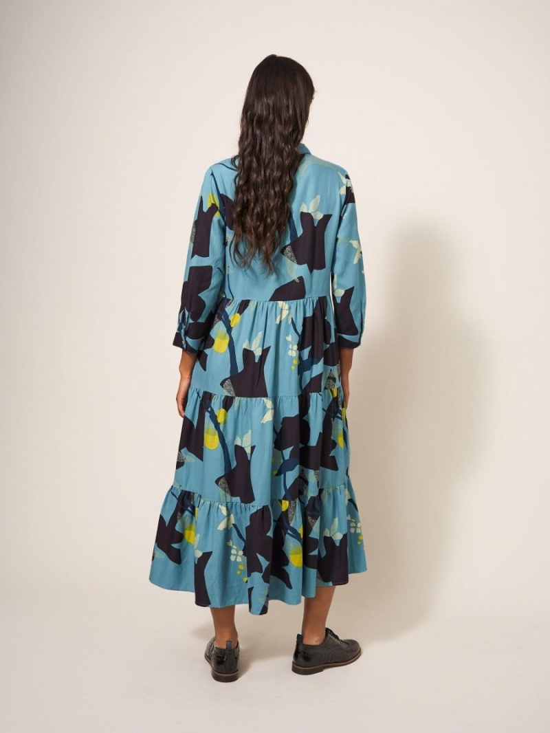 White Stuff Maya Tiered Shirt Dress Teal Multi | 418593ZJN