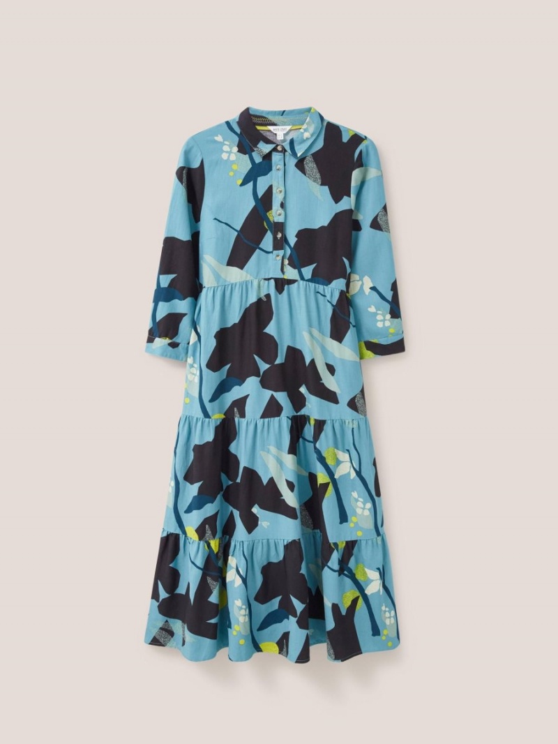 White Stuff Maya Tiered Shirt Dress Teal Multi | 418593ZJN