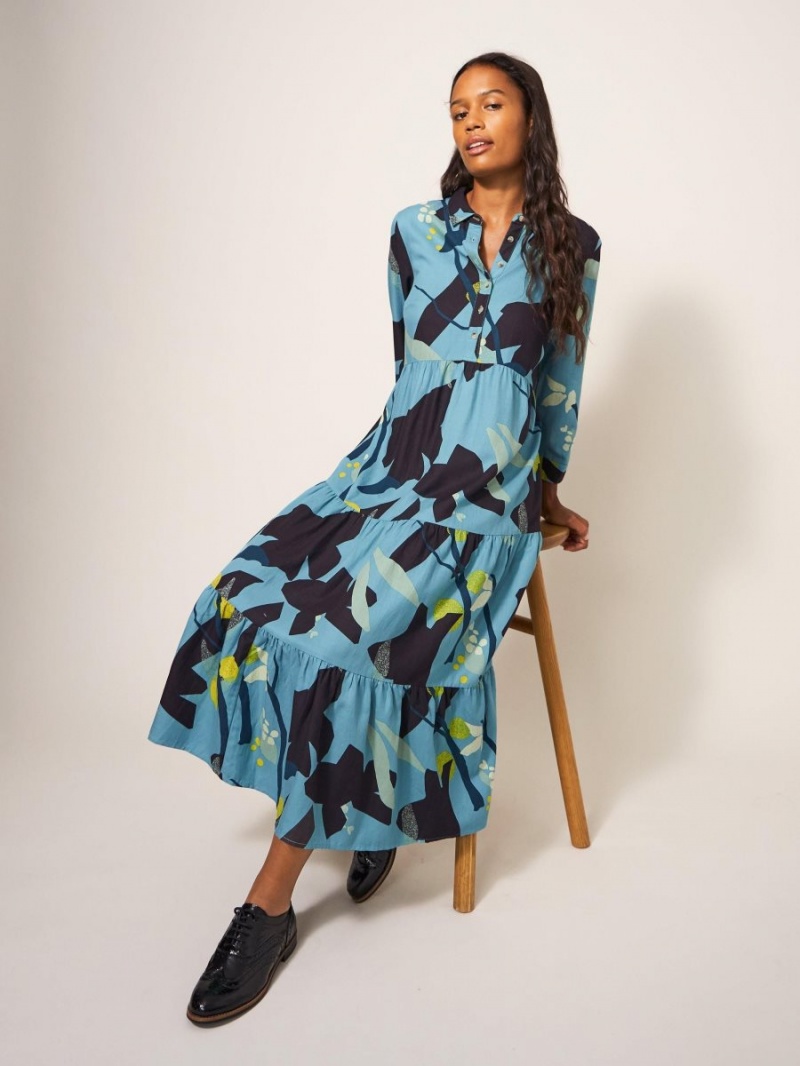 White Stuff Maya Tiered Shirt Dress Teal Multi | 418593ZJN