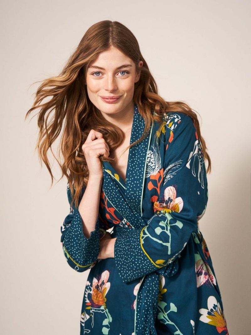 White Stuff Nina Organic Dressing Gown Teal Print | 175462REJ