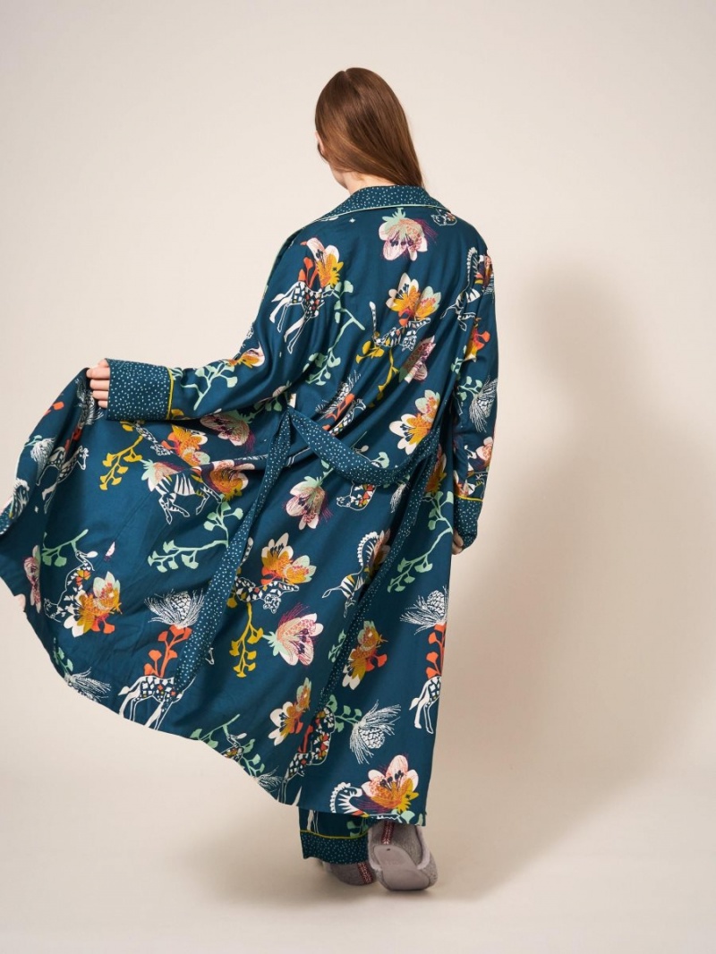 White Stuff Nina Organic Dressing Gown Teal Print | 175462REJ