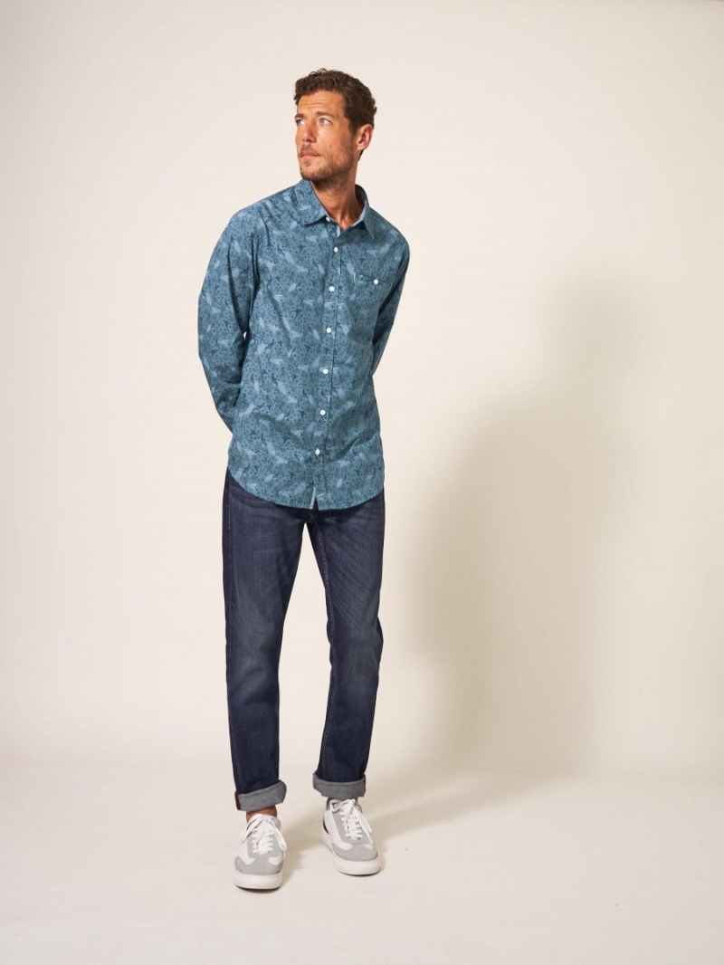 White Stuff Peacock Printed Classic Shirt Blue Print | 624035BZD